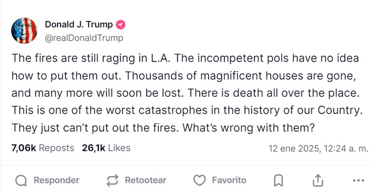 Donald Trump critica a las autoridades de California por su respuesta para combatir los incendios en Los Ángeles.