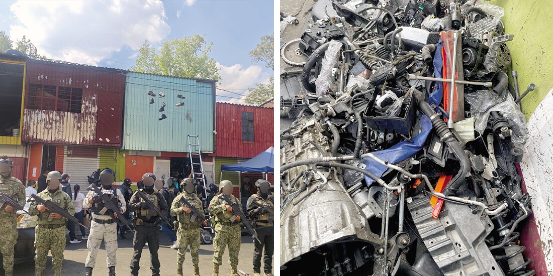 (Izq.) Elementos de la SSC y la fiscalía local, así como de la Marina, el Ejército y la Guardia Nacional, durante el operativo en un predio de la alcaldía Gustavo A. Madero, ayer. │ (der.) autoridades decomisaron las toneladas de autopartes en el sitio