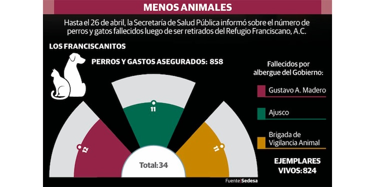 Hasta el 26 de abril, la Secretaría de Salud Pública informó sobre el número de
perros y gatos fallecidos luego de ser retirados del Refugio Franciscano, A.C.