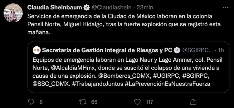 Mensaje publicado en la cuenta de Twitter de Claudia Sheinbaum.