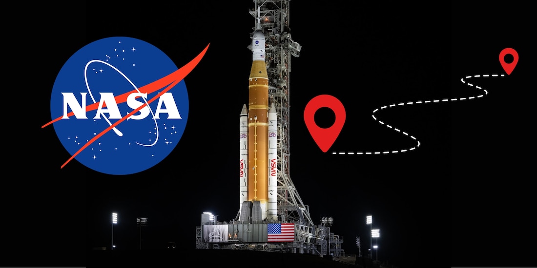 El cohete Space Launch System (SLS) de la NASA y la nave espacial Orion, acoplados a la plataforma de lanzamiento móvil