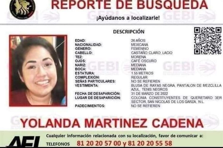 El reporte de búsqueda de Yolanda Martínez Cadena