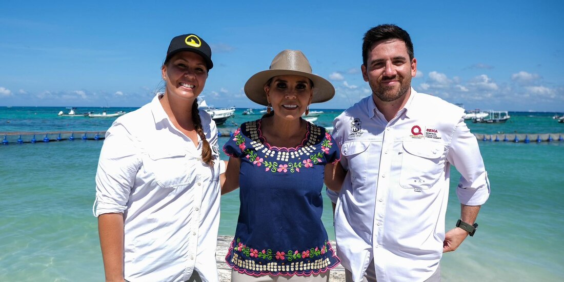 La gobernadora Mara Lezama y Ceci Gutiérrez refuerzan el compromiso con la protección de los tiburones en Playa del Carmen.
