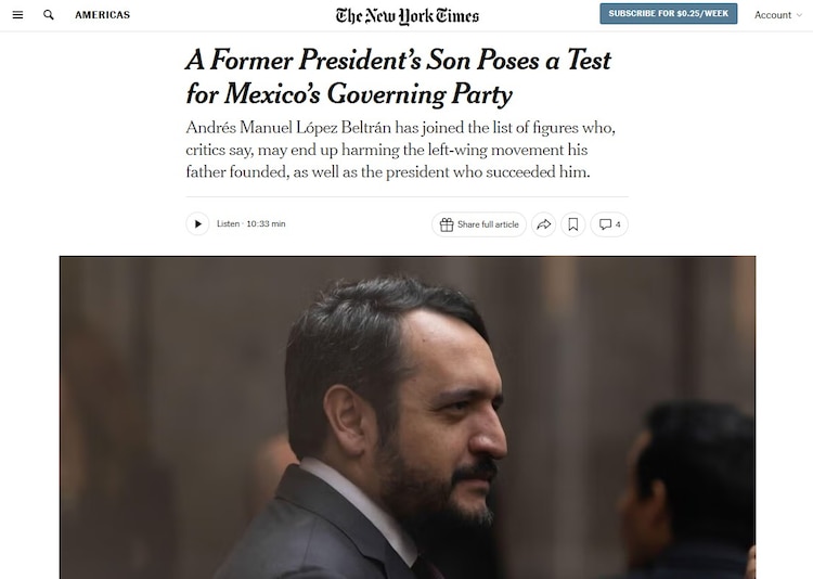 Artículo de The New York Times sobre Andrés Manuel López Beltrán.
