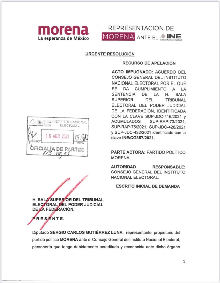 Acuses de las apelaciones presentadas por Morena