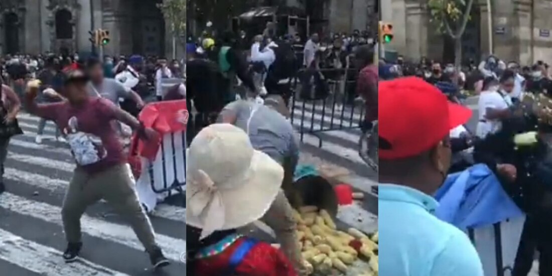 Vendedores agarraron a elotazos a policías en el Zócalo de la CDMX.