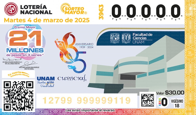 El Sorteo Mayor 3963 conmemoran los 85 años de la Facultad de Ciencias de la Universidad Nacional Autónoma de México.