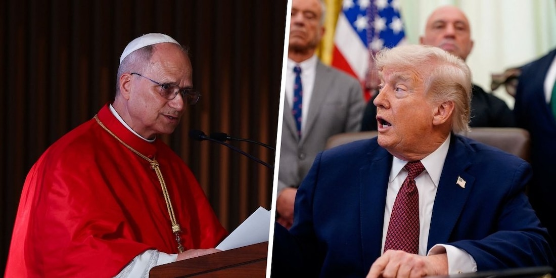 Papa León XIV (izq.) asegura que no le interesa "en absoluto" debatir con el presidente de EU, Donald Trump (der.).