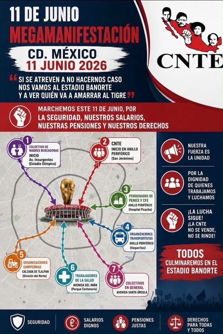 Infografía que ha circulado en redes con las manifestaciones previstas para el jueves 11 de junio en CDMX, desde diferentes puntos rumbo al Estadio Ciudad de México.