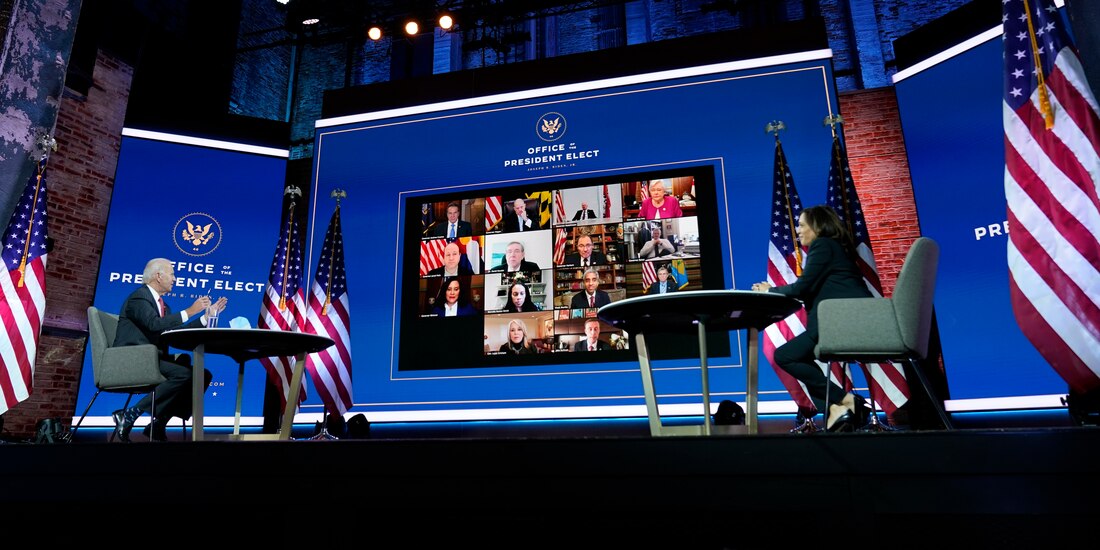 El presidente electo, Joe Biden, y la vicepresidenta electa, Kamala Harris, participan en una reunión con el comité ejecutivo de la Asociación Nacional de Gobernadores este jueves 19 de noviembre.