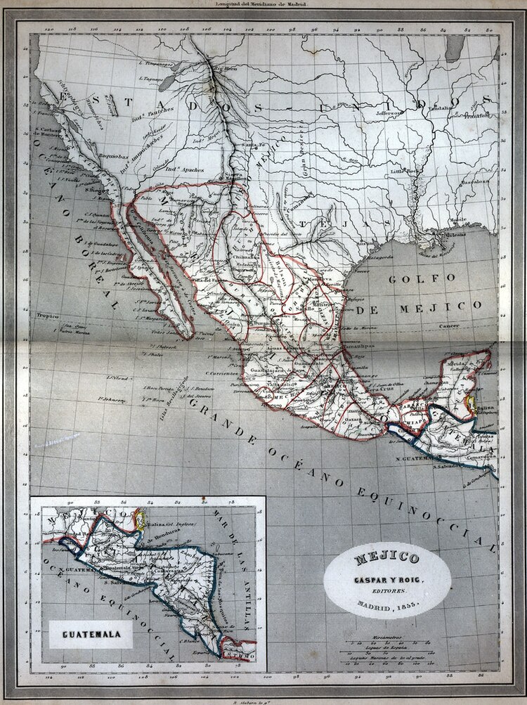 Un viejo mapa que muestra la frontera entre México y Guatemala.