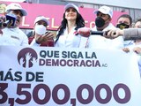 Gabriela Jiménez (centro), una de las sancionadas, entregó firmas, ayer, en el INE.