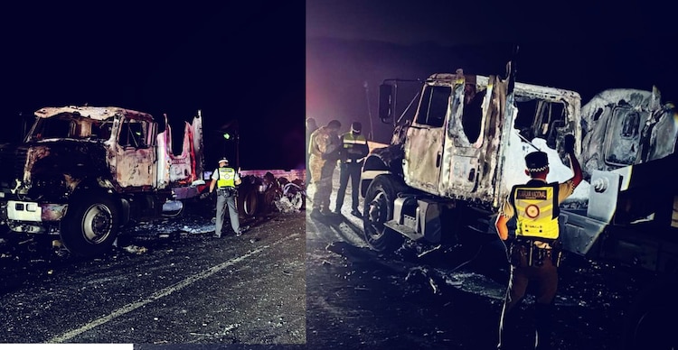 Restos de la pipa de gas LP que se incendió en la autopista México-Querétaro