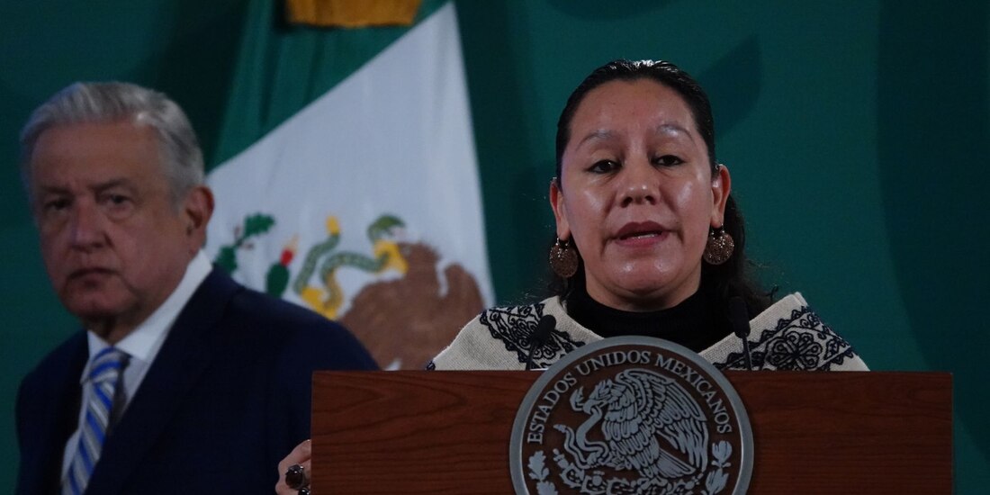 María Luisa Albores durante la conferencia matutina en Palacio Nacional donde anunció la declaración de área protegida de la Sierra de San Miguelito en San Luis Potosí