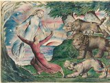 William Blake, Dante huyendo de las tres bestias, tinta, acuarela y lápiz, 1824-1827.