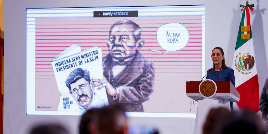 Claudia Sheinbaum muestra la caricatura política del minero Rapé con motivo de la posible llagada a la presidencia de la SCJN de Hugo Aguilar Ortiz, abogado de origen mixteco.
