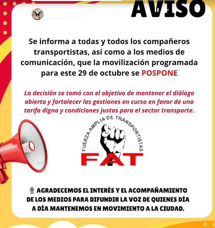Suspenden bloqueo de transportistas para este 29 de octubre en CDMX.