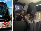 Izquierda: Aspecto de un camión de la línea TER, como aquel donde ocurrieron los hechos; Derecha: Elemento de equipo Venados asiste a estudiantes.