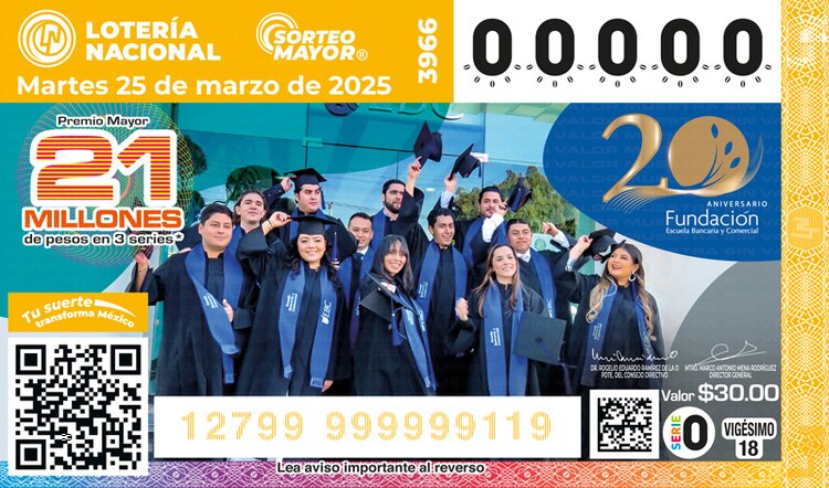 El Sorteo Mayor 3966 conmemora el 20 aniversario de la fundación de la Escuela Bancaria y Comercial.