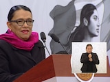 Rosa Icela Rodríguez, titular de Segob, en la conferencia en Puebla hoy.