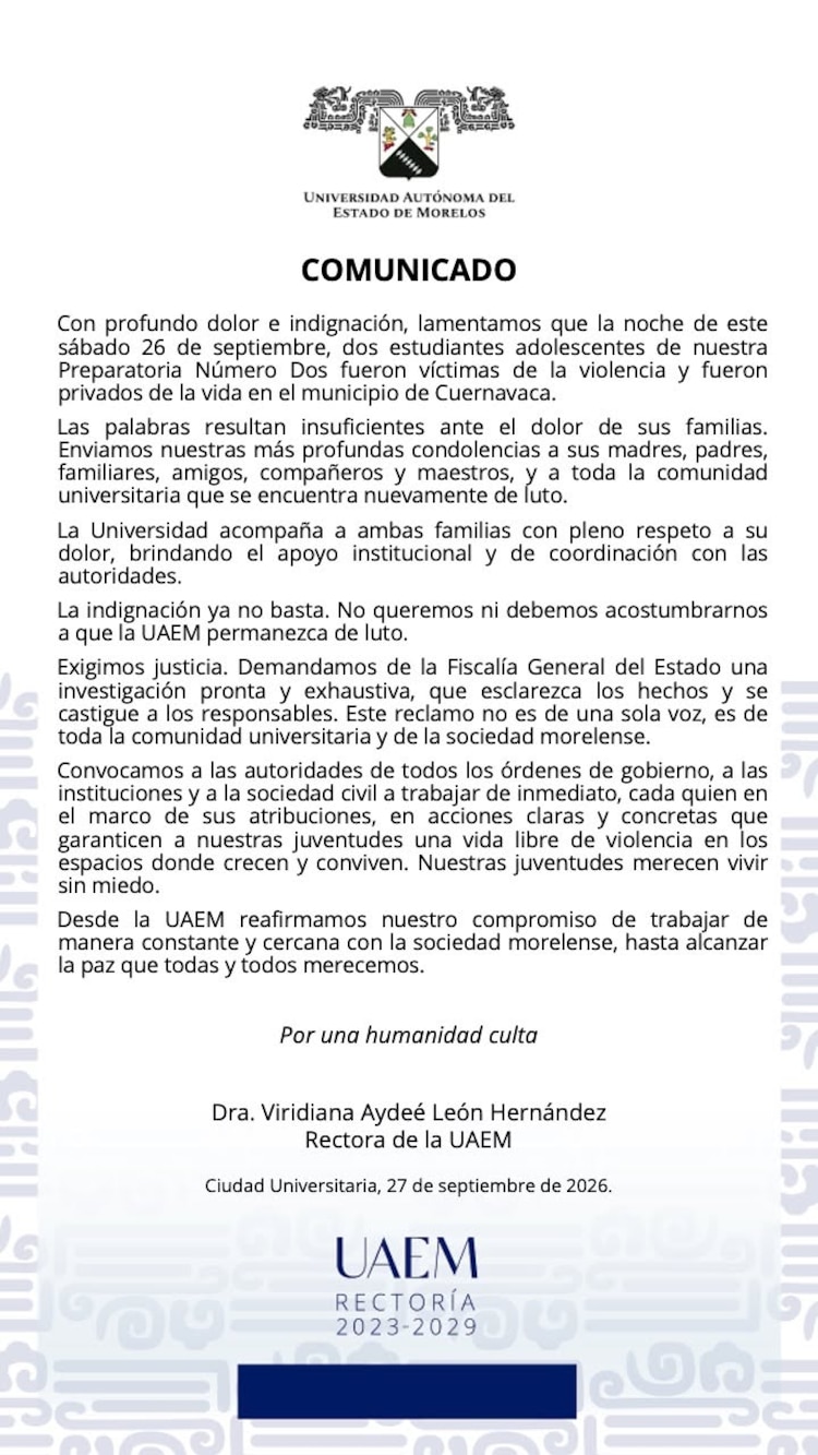 Comunicado de la UAEM por el homicidio de dos de sus estudiantes.