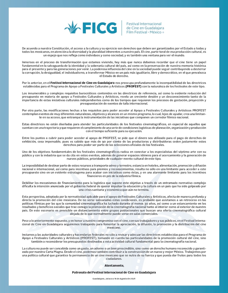 Carta que publicó el FIGG.