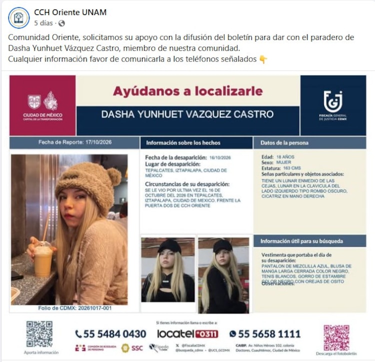 Ficha de búsqueda de Dasha Yunhuet emitida por la FGJCDMX tras su reporte en Iztapalapa.