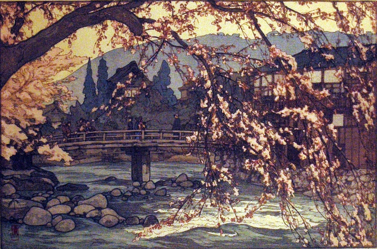 La pintura Spring in a Hot Spring de Hiroshi Yoshida.