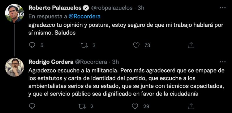 Conversación en twitter que tuvieron Roberto Palazuelos y Rodrigo Cordero.