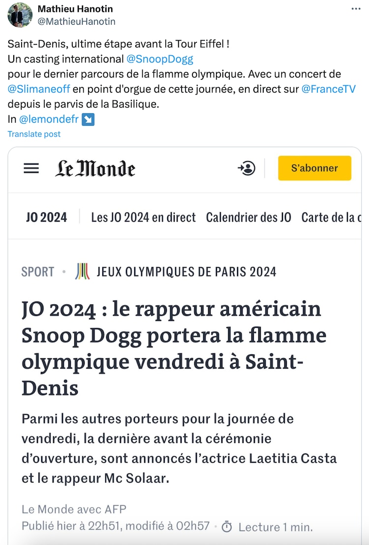Snoop Dogg será uno de los relevos de la antorcha olímpica en la inauguración de París 2024.