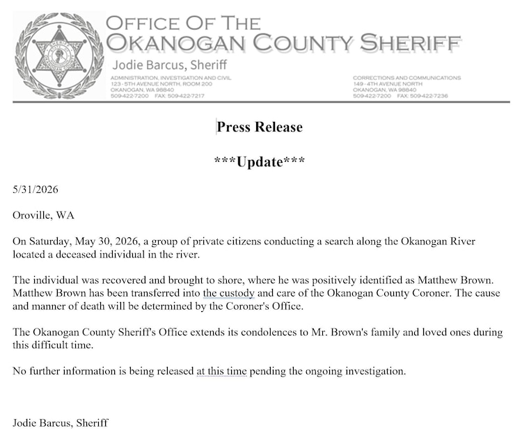 Comunicado de la oficina del Sheriff del condado de Okanogan
