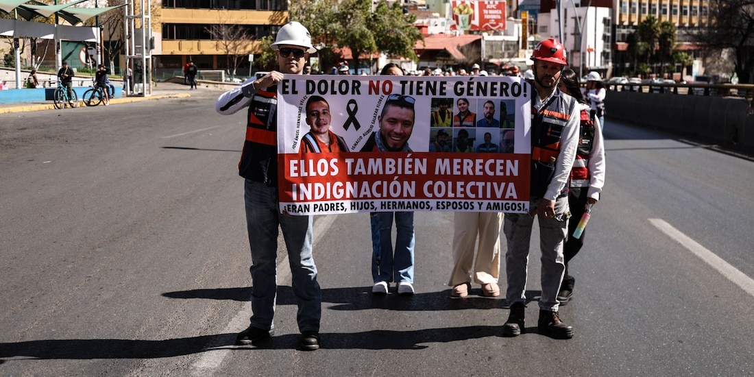 Mineros y mineras marcharon en Zacatecas por mineros desaparecidos, el 14 de febrero de 2026.