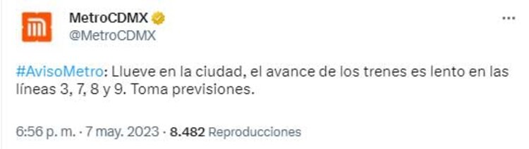 Metro reporta avance lento de trenes en 4 líneas por lluvia