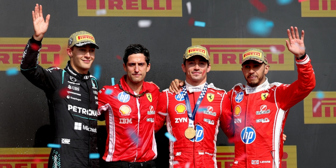 Charles Leclerc, Lewis Hamilton y George Russell en el podio de Gran Bretaña.