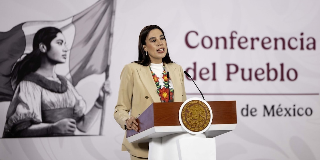 Josefina Rodríguez Zamora, secretaria de Turismo, durante la conferencia matutina presidencial en Palacio Nacional, el 18 de marzo de 2026.