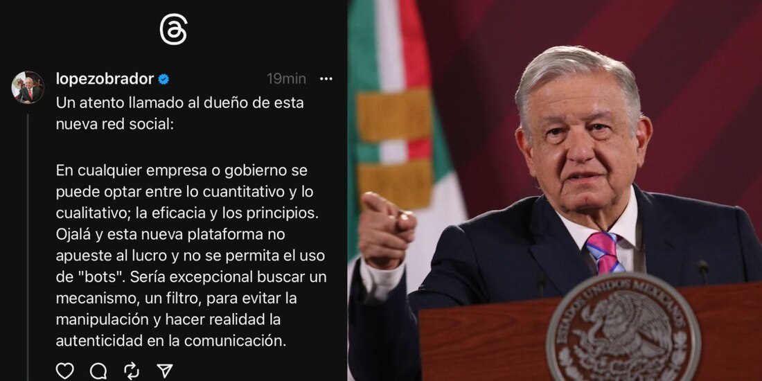 AMLO publica primer mensaje en Threads y pide a dueños no apostar al lucro ni permitir 'bots'.