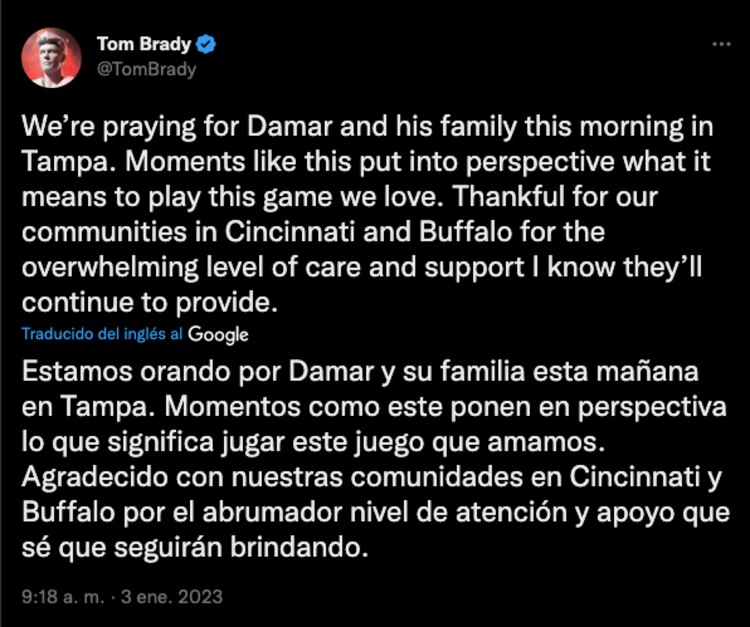 Tom Brady manda mensaje de apoyo para la familia de Damar Hamlin