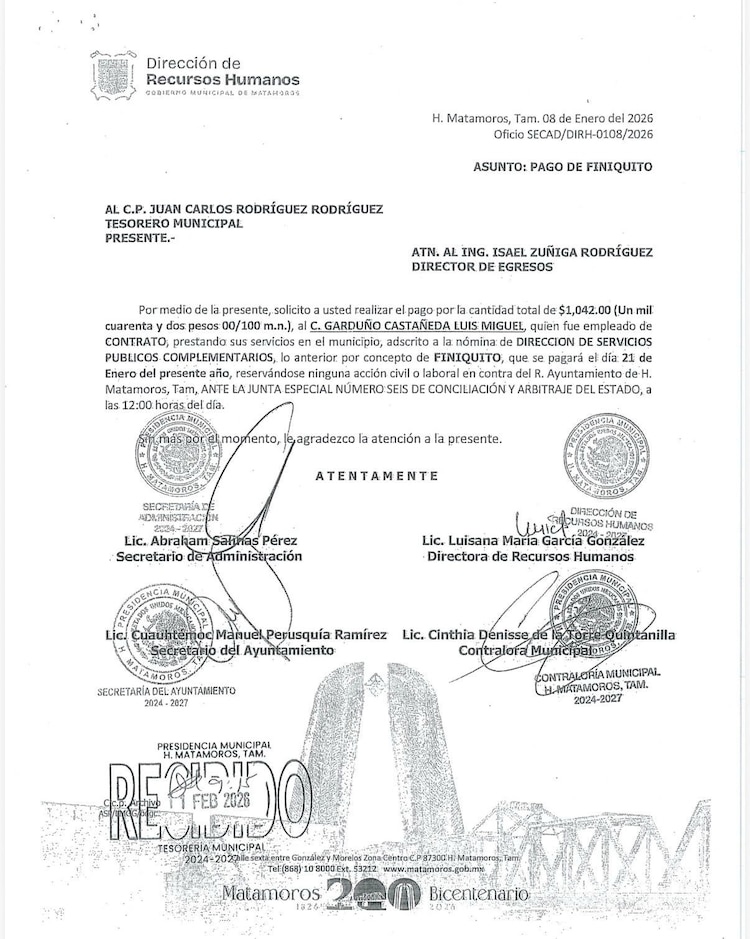 Baja de Luis Garduño Castañeda del servicio público en Matamoros.