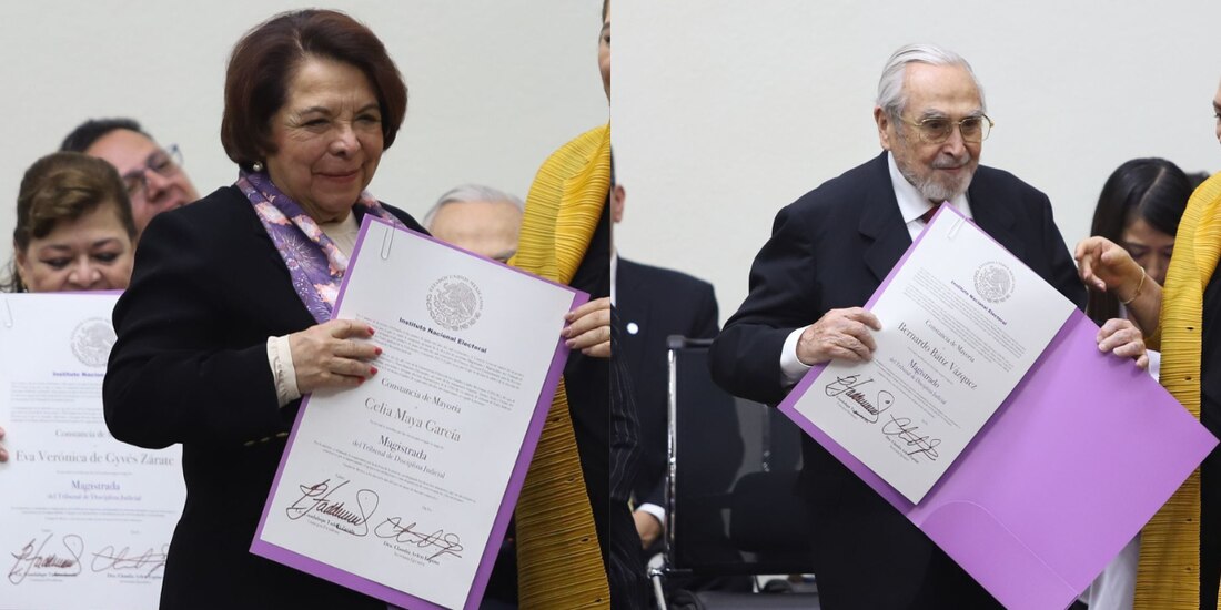 Bernardo Bátiz y Celia Maya al recibir sus constancias