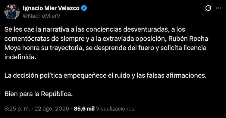 Ignacio Mier defendió a Rubén Rocha Moya en la red social X.