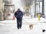 Una persona camina con su perro en una calle de Pittsfield, Massachusetts, el viernes 16 de diciembre de 2022.