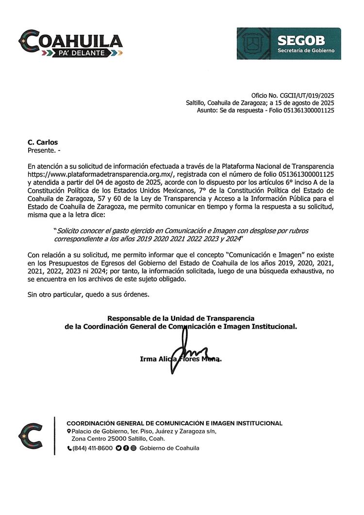 El Gobierno de Coahuila aseguró no haber encontrado información de gasto en Comunicación e Imagen, al responder a una solicitud formal.