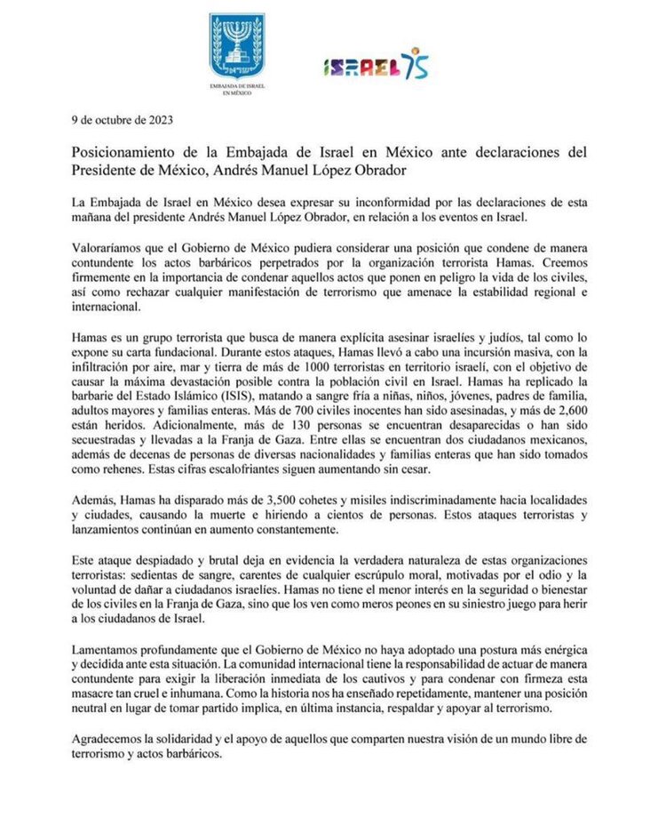 Postura neutral es apoyar al terrorismo, responde Embajada de Israel a AMLO.