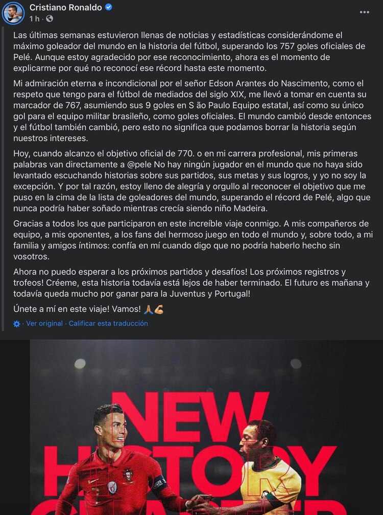 Cristiano Ronaldo reconoció la grandeza de Pelé.