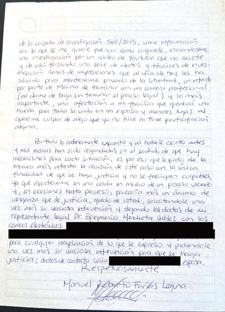 Segunda parte de la carta a puño y letra enviada a la Presidenta por el vicealmirante de la Marina Manuel Roberto Farías Laguna, ayer.