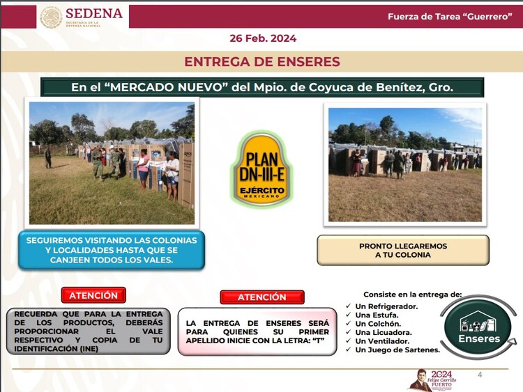 Entrega de enseres el 26 de febrero en Coyuca.