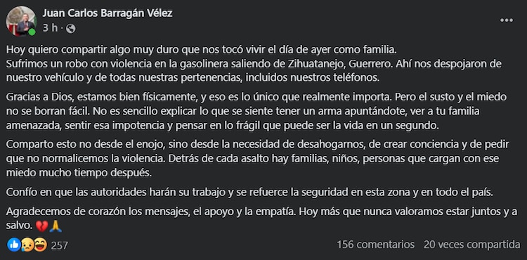 Diputado local juan Carlos Barragán Vélez denuncia asalto con violencia.