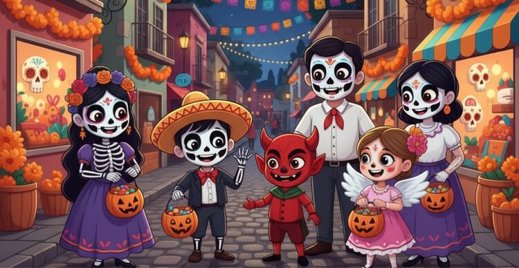 Niños disfrazados pidiendo dulces en Día de Muertos
