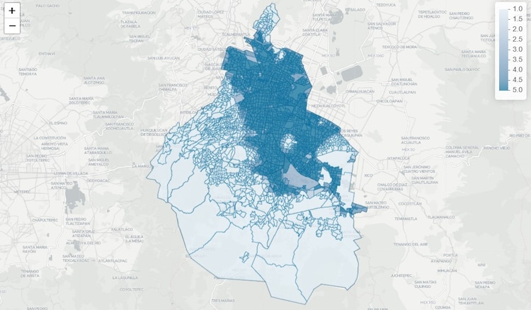 Mapa de zonas de riesgo por inundaciones en CDMX; mientras más azul, mayor el riesgo.