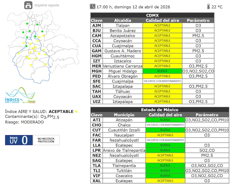 El estado de la calidad del aire a las 17:00 horas de este domingo 12 de abril de 2026.